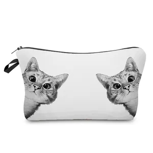 Adorable cartoon cat print makeup bag, white travel toiletry pouch with black zipper