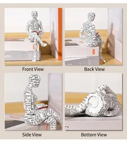 Detailed four-sided view of a reading woman resin figurine with newspaper print