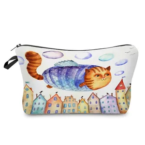 Close-up of cute watercolor cat-fish illustration on a white travel toiletry bag