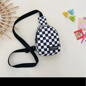 Kids Sporty Nylon Chest Bag Checkerboard Pattern Crossbody Bag Adjustable Strap For Boys Toddlers Casual Small Waist Bag