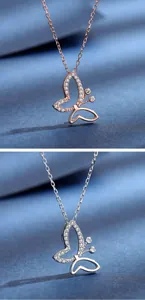 Macro view of elegant butterfly necklaces in rose gold and silver finishes.