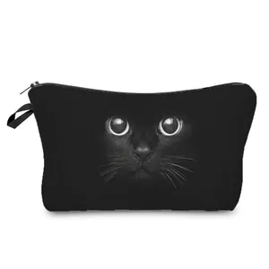 Cute black cat print cosmetic bag with realistic eyes for travel and makeup storage