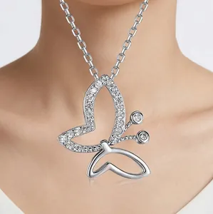 925 Sterling Silver Butterfly Pendant Necklace For Women Sparkling Zirconia Inlaid Romantic Clavicle Chain Jewelry Gift