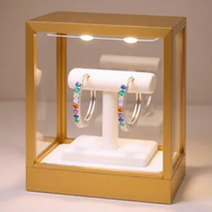 Detailed view of silver hoop earrings with rainbow zircons in a lighted display case
