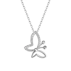 Elegant S925 sterling silver butterfly pendant necklace with sparkling cubic zirconia stones