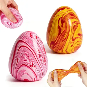 Close-up of vibrant marble patterned squishy egg toy showing its stretchy texture