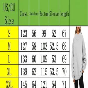 Detailed size chart for women's loose half-turtleneck thick fleece sweatshirt in grey.