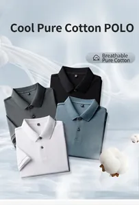 Detail view of four colors of men's 100% cotton short-sleeved polo shirts folded