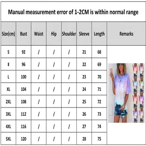 Detailed size chart for women's loose tie-dye gradient print T-shirt from S to 5XL