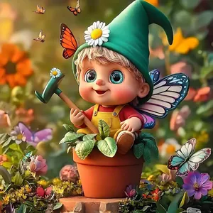 Close-up of cute cartoon garden gnome fairy with wings sitting in a small flower pot
