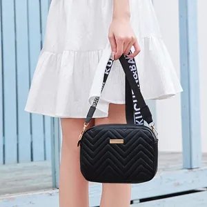 Elegant black wave quilted crossbody camera bag with wide fashion letter-pattern strap