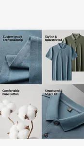 Detailed features of men's pure cotton polo shirt showing fabric texture and collar