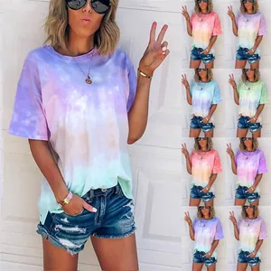 Women's oversized tie-dye gradient print T-shirt showcasing various colorful variants