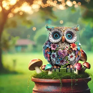 Close-up detail of a colorful acrylic owl garden stake among decorative garden mushrooms