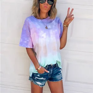 Stylish oversized women's T-shirt featuring vibrant summer tie-dye gradient print
