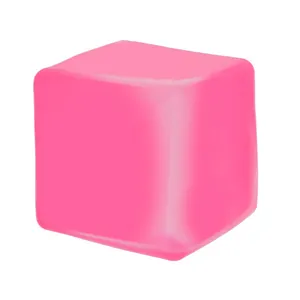 Close-up macro view of a bright pink soft squishy cube stress relief toy for desk relaxation.
