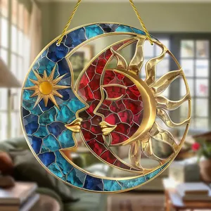 Detailed close-up view of bohemian stained glass style sun and moon acrylic hanging disc