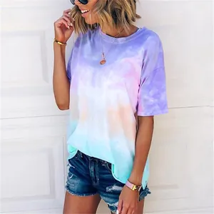 Detailed view of women wearing a casual loose tie-dye gradient print summer t-shirt