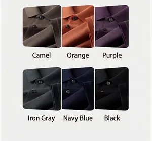 Detail view of summer cotton polo shirts in camel, orange, purple, gray, navy, and black.