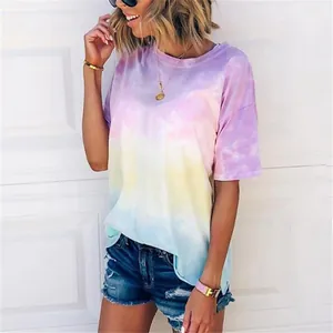Detail view of a stylish tie-dye gradient loose T-shirt for women in pastel colors
