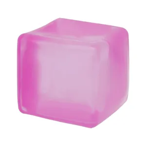 Translucent pink squishy cube stress relief toy with a soft, jelly-like texture detail