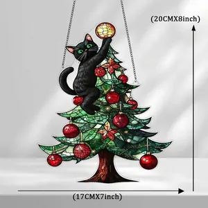 Stained glass suncatcher featuring a black cat climbing a festive decorated Christmas tree