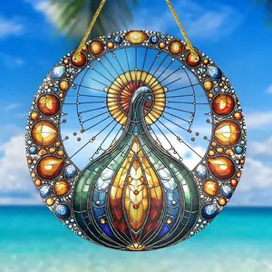 Close-up view of vibrant Bohemian style acrylic peacock suncatcher for outdoor decor