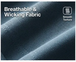 Close-up of breathable blue honeycomb cotton fabric on a men's polo shirt