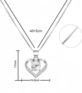 Detailed view of silver heart pendant necklace showing dimensions 17mm by 14.5mm