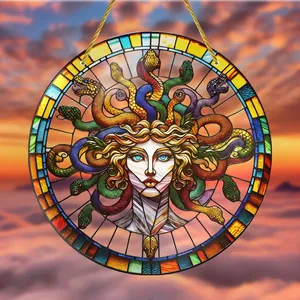 Detailed view of vibrant stained-glass style Medusa acrylic suncatcher hanging decoration
