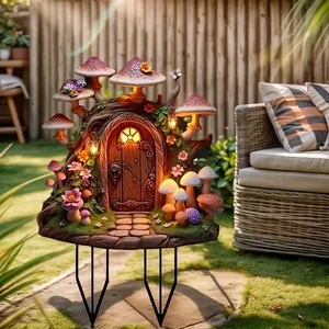 Whimsical mushroom fairy house garden stake decoration with magical glowing lights