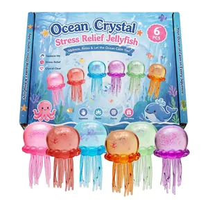 Detailed view of 6 colorful Ocean Crystal jellyfish stress relief toys and retail box.