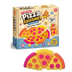 Detailed view of the colorful slow rising pizza squishy set featuring three slices and packaging