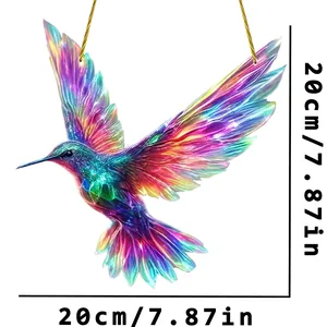 Detail view of colorful stained glass hummingbird suncatcher window decor with 20cm size