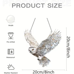 Detailed size and features view of owl stained glass suncatcher with acrylic chain