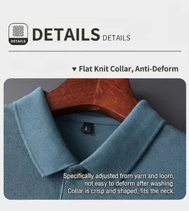 Detailed view of the blue cotton polo shirt's flat knit collar on a wooden hanger