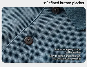 Close-up of premium pique fabric texture and amber-style buttons on a polo shirt