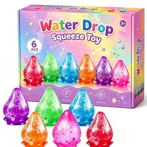 Set of six colorful water drop shaped squeeze toys with rainbow themed display box
