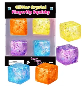 Colorful glitter crystal squishy cubes for stress relief shown in packaging and loose