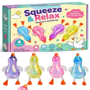 Detailed view of the 4-pack colorful duck squishy stress relief fidget toys set