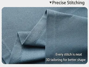 Macro detail shot showing the neat stitching and pique fabric texture of a blue cotton polo shirt