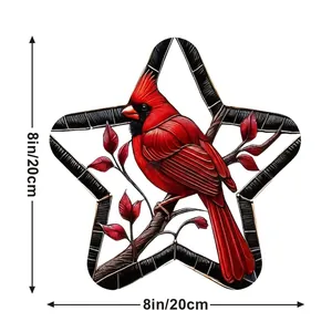 Star-shaped stained glass suncatcher with a red cardinal bird design, 8-inch size