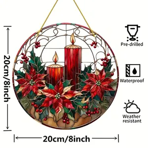 Detailed view of 8-inch round Christmas stained glass suncatcher with candle design