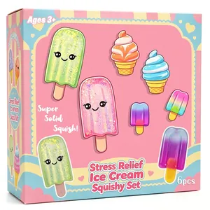 Front view of 6pcs stress relief ice cream squishy toy set packaging for kids