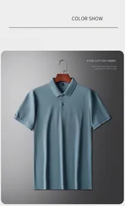 Detail view of men's blue pure cotton short-sleeved Polo shirt with breathable texture.