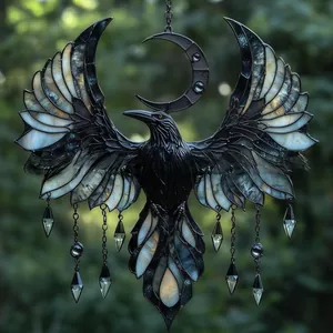 Macro view of gothic stained glass raven suncatcher with moon and crystal pendants