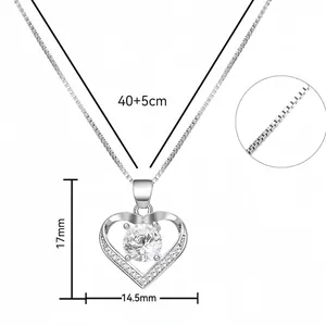 S925 sterling silver heart necklace with zircon pendant and adjustable box chain for women