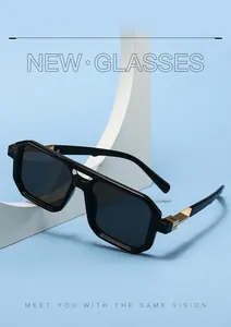Detailed view of premium black square sunglasses featuring stylish gold metal hinges