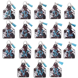 Retro Western Cow Print Artificial Leather Ear Tag Keychain Blue Initial Alphabet Tassel Cowgirl Style Bag Charm Key Ring