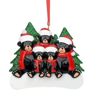Black bear family Christmas tree ornament with Santa hats and red scarves for home decor